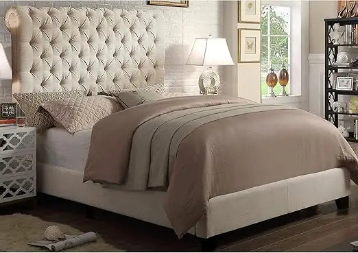 Rosevera King Beige Upholstered Bed Frame with Luxurious Headboard - Chic & Cheery Shopping