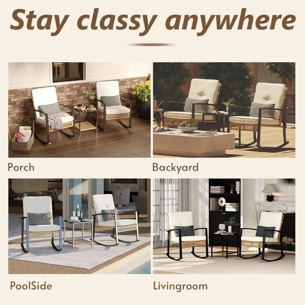 3 Piece Outdoor Rocking Chair Set with Glass Table and Pillow - Chic & Cheery Shopping