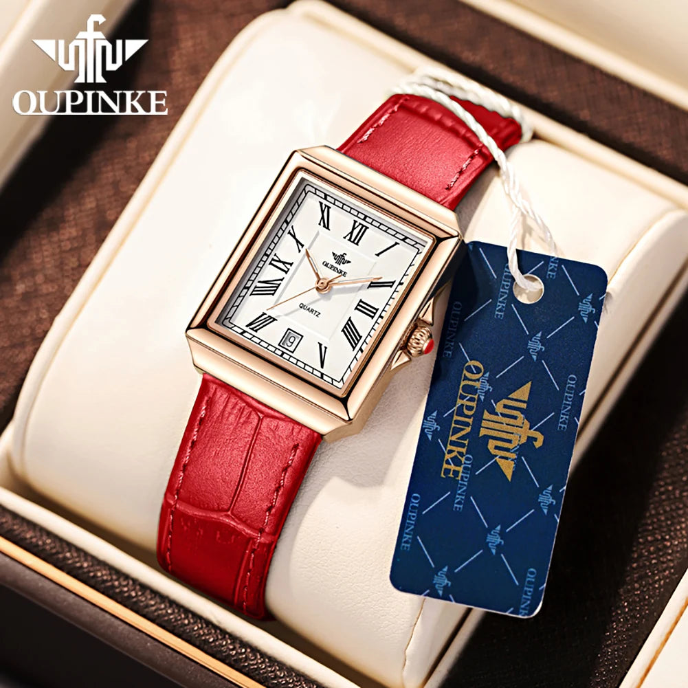 OUPINKE Simple Women's Rectangular Quartz Watch with Leather Strap - Chic & Cheery Shopping