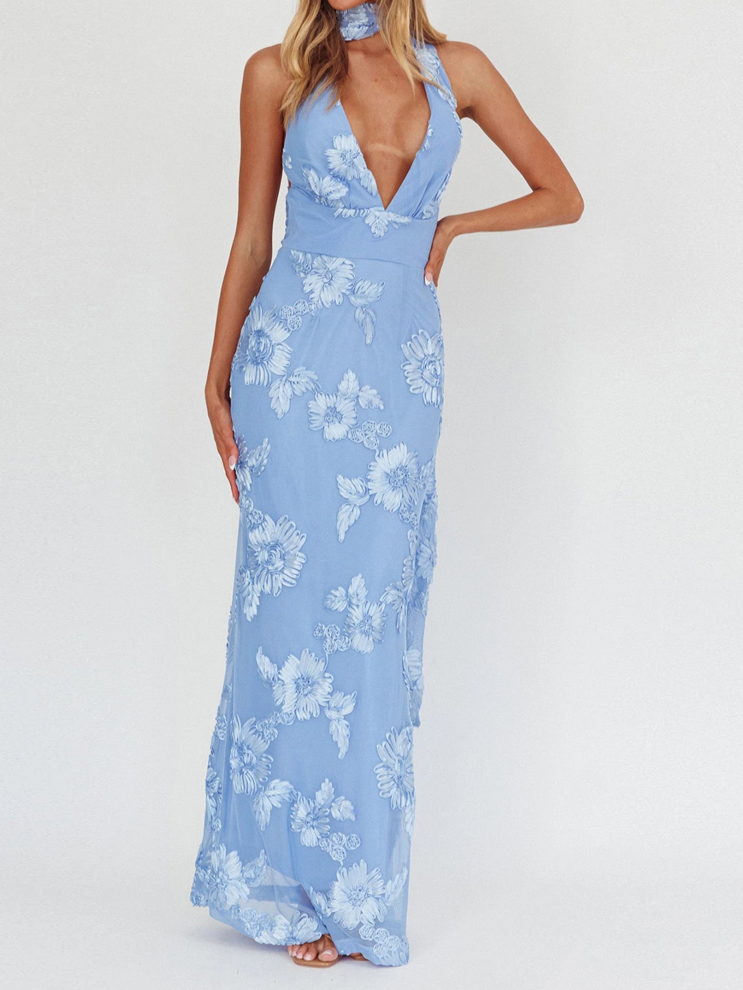 Elegant V Neck Maxi Dress with Lace for Formal Events - Chic & Cheery Shopping