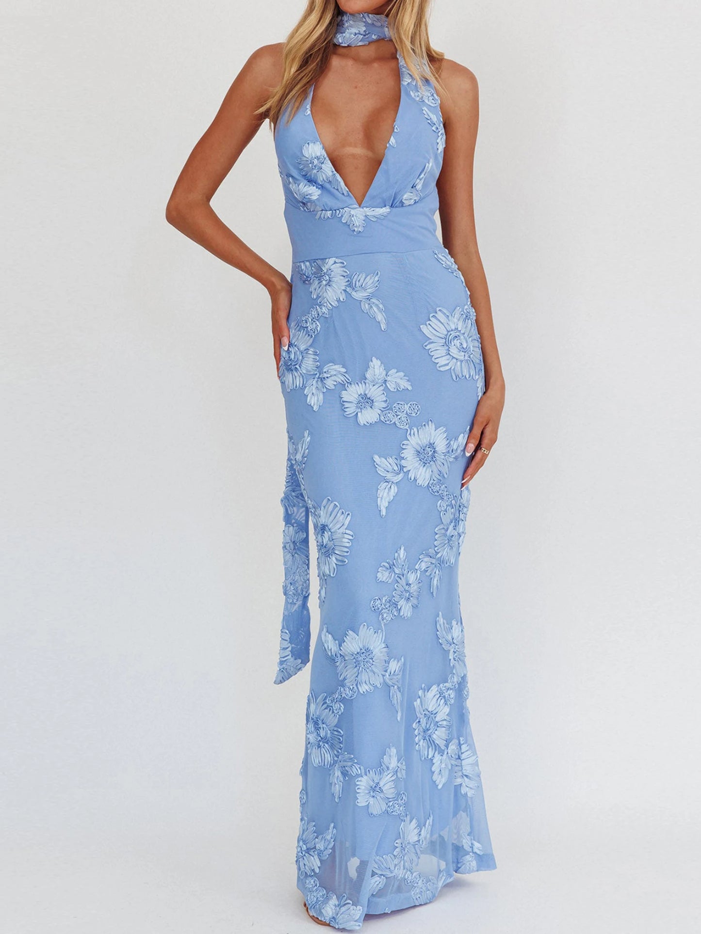 Elegant V Neck Maxi Dress with Lace for Formal Events - Chic & Cheery Shopping