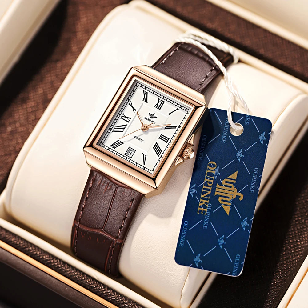 OUPINKE Simple Women's Rectangular Quartz Watch with Leather Strap - Chic & Cheery Shopping