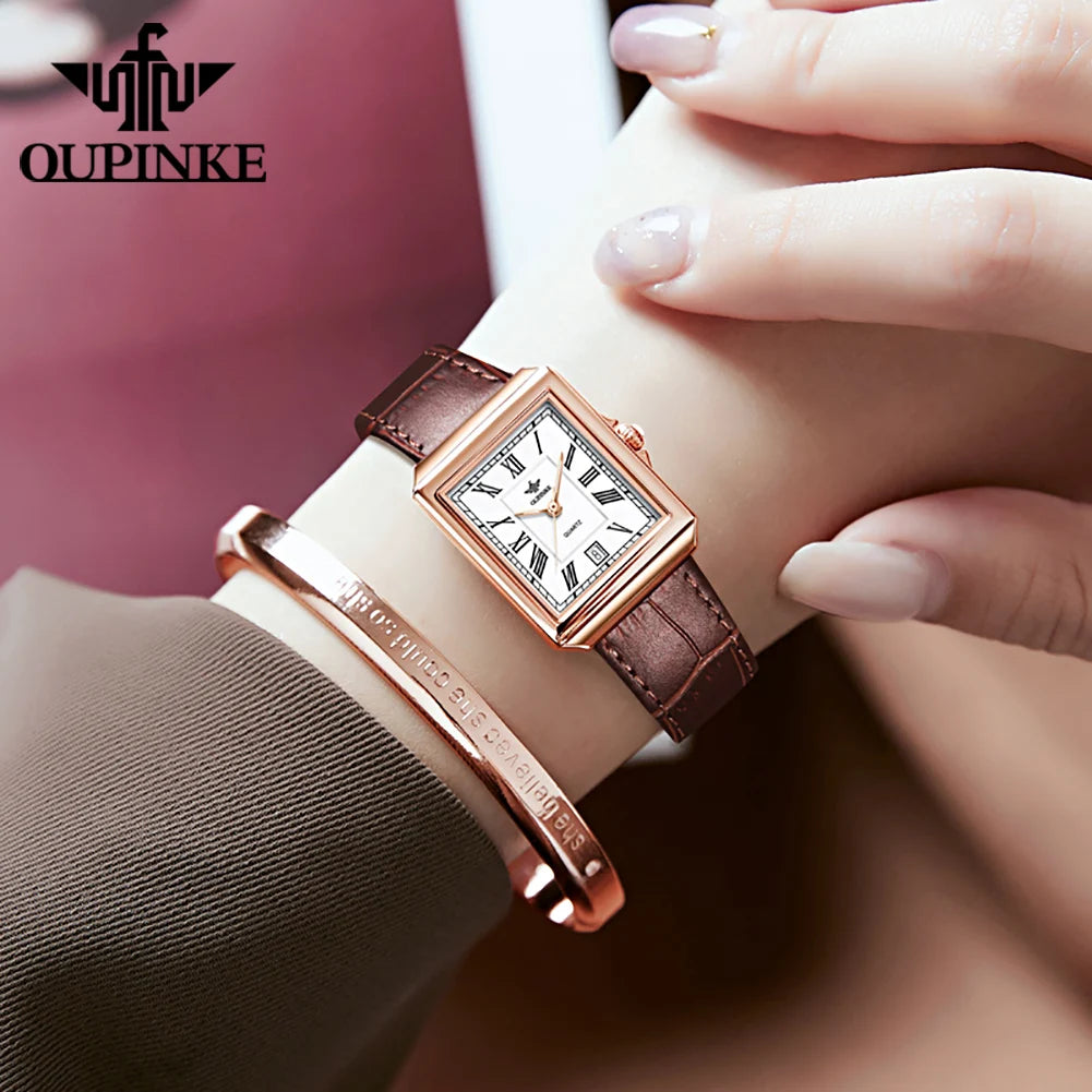 OUPINKE Simple Women's Rectangular Quartz Watch with Leather Strap - Chic & Cheery Shopping