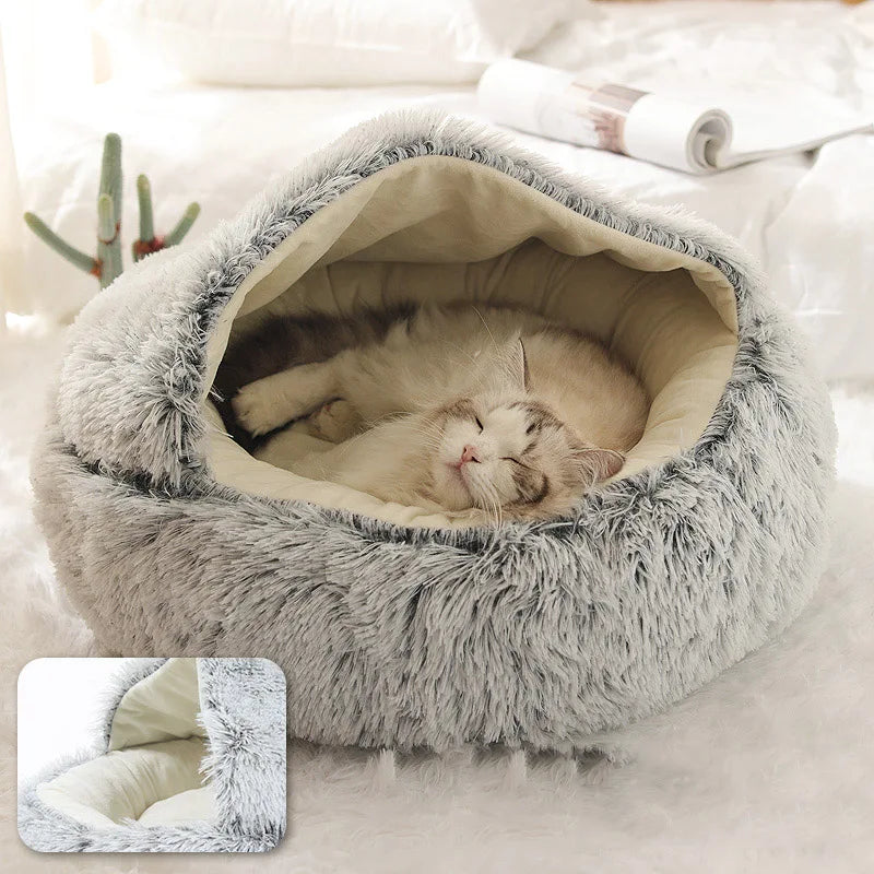 Warm Plush Cat Bed Round Pet Nest with Lid for Small Dogs - Chic & Cheery Shopping