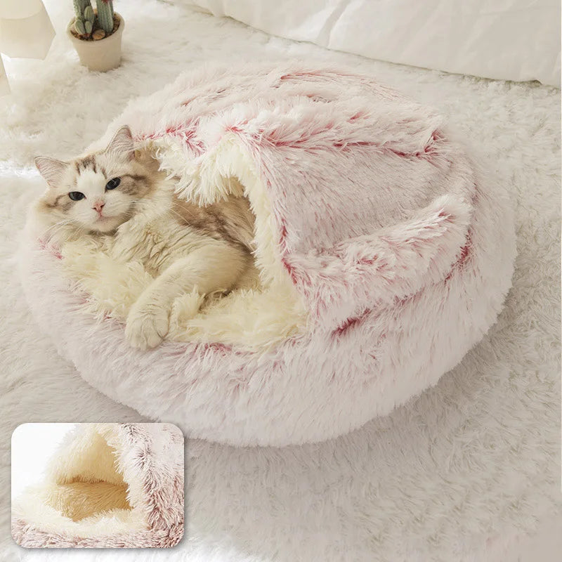 Warm Plush Cat Bed Round Pet Nest with Lid for Small Dogs - Chic & Cheery Shopping