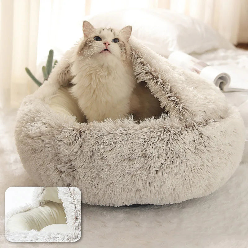 Warm Plush Cat Bed Round Pet Nest with Lid for Small Dogs - Chic & Cheery Shopping