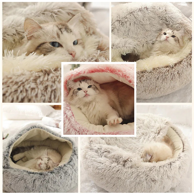Warm Plush Cat Bed Round Pet Nest with Lid for Small Dogs - Chic & Cheery Shopping