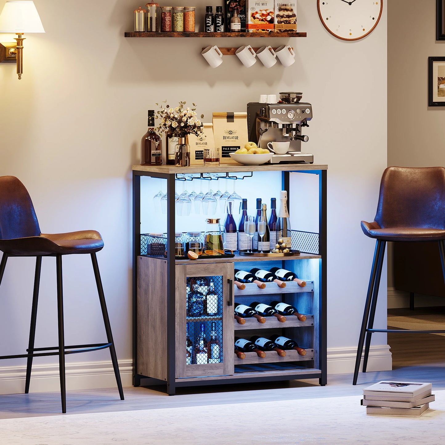 Industrial Wine Bar Cabinet with LED Lights and Storage - Chic & Cheery Shopping