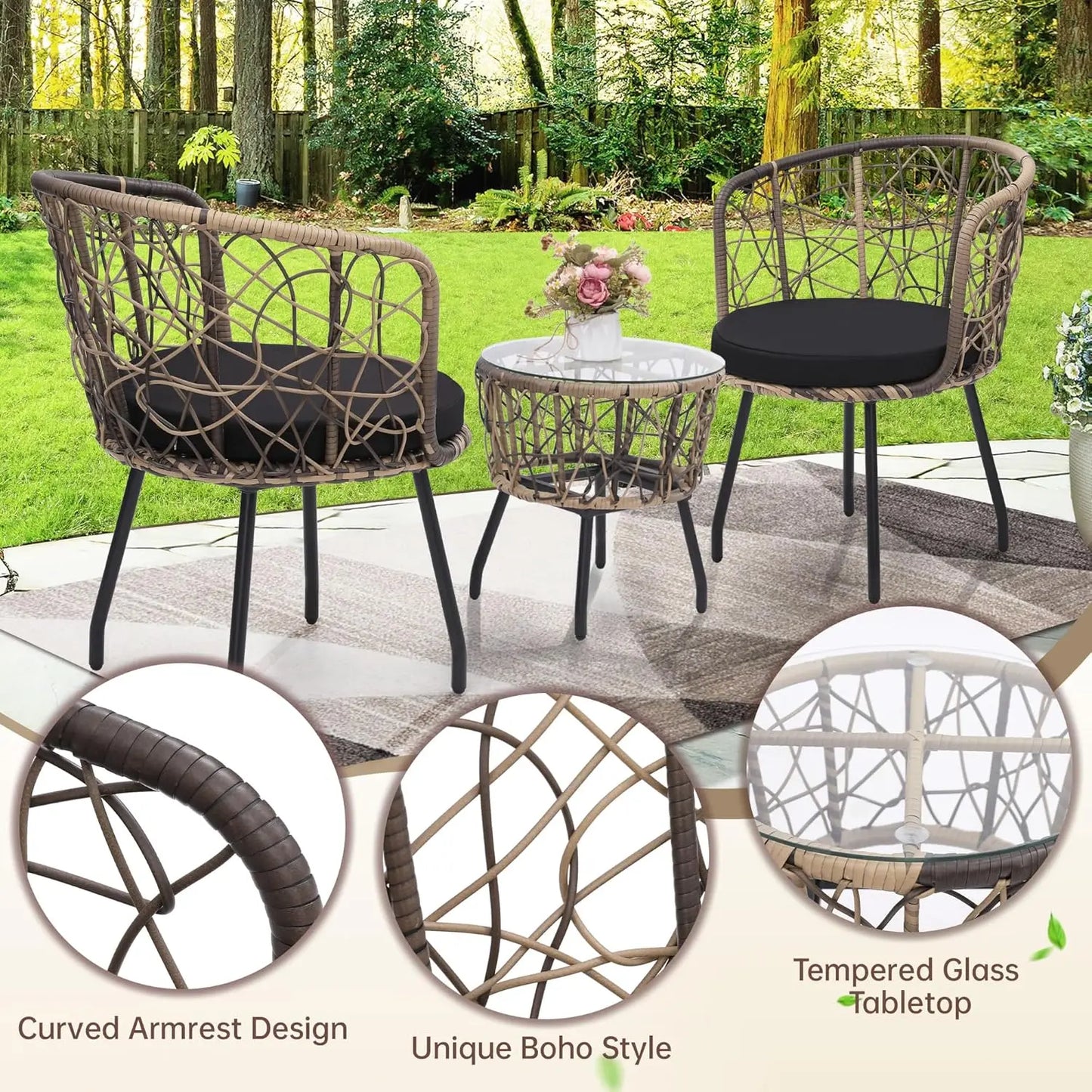 Boho 3 Piece Wicker Bistro Set for Modern Outdoor Spaces - Chic & Cheery Shopping