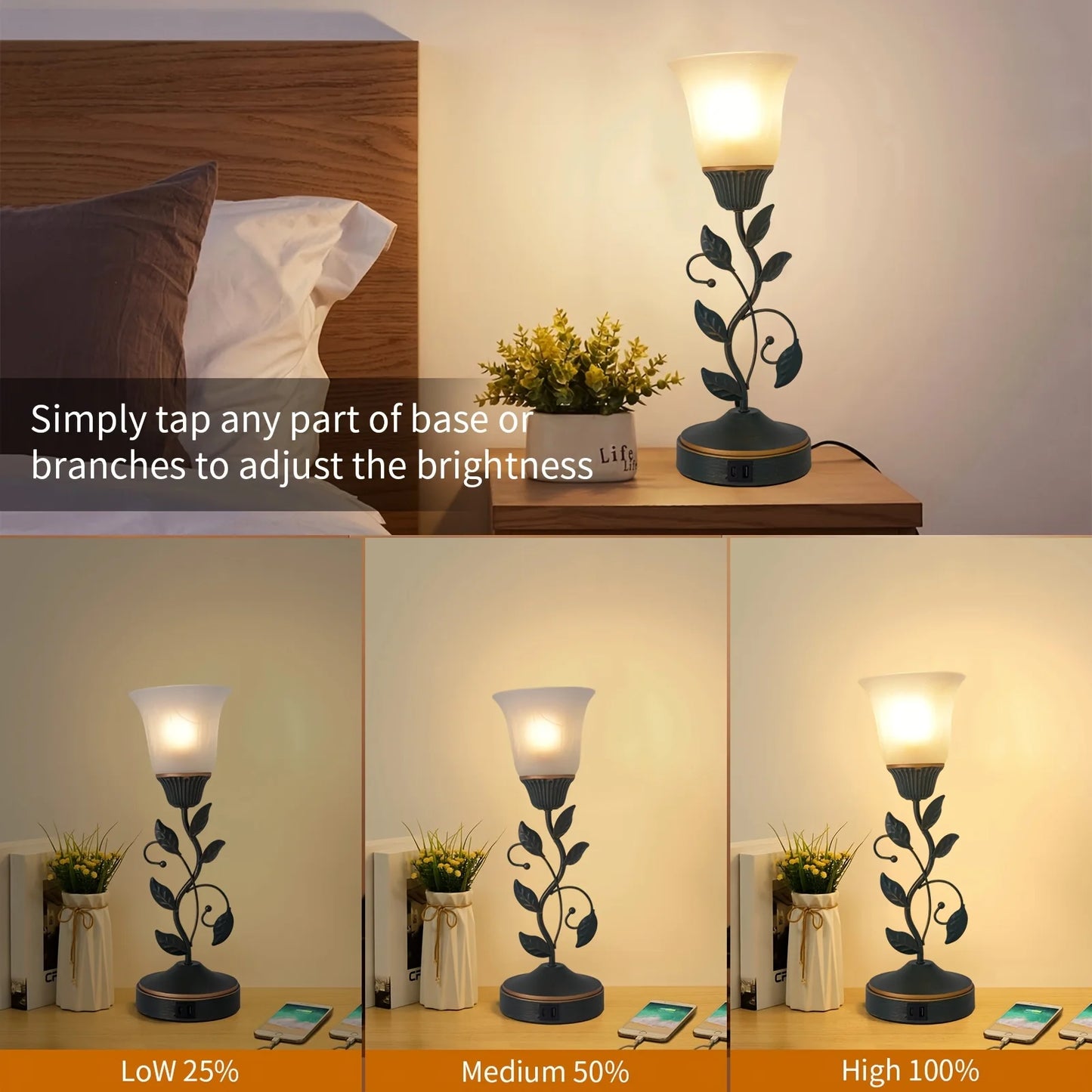Amber Glass Flower Desk Lamp with Touch Switch and USB Ports - Chic & Cheery Shopping