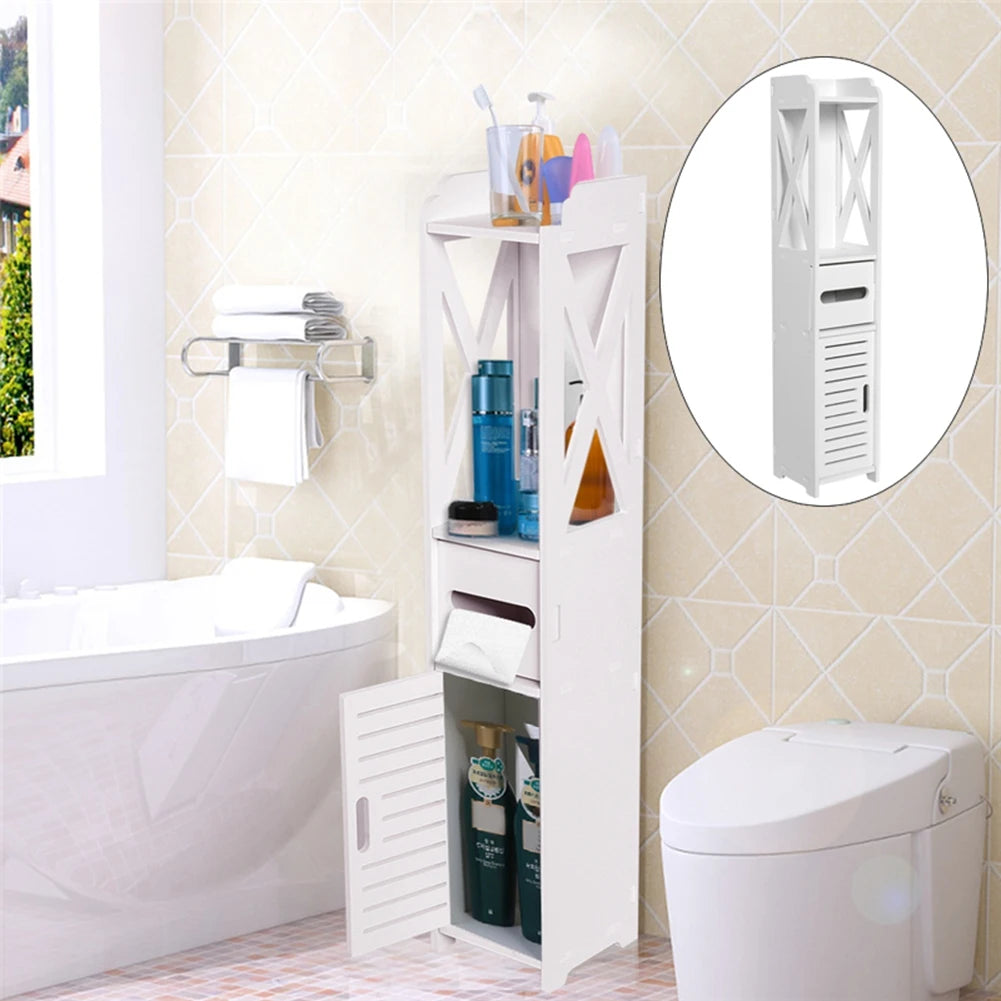 White Bathroom Storage Cabinet with Shelf and Tissue Rack - Chic & Cheery Shopping