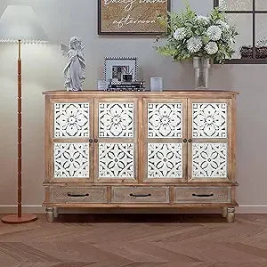 Distressed 4-Door Hollow-Carved Accent Cabinet for Storage - Chic & Cheery Shopping