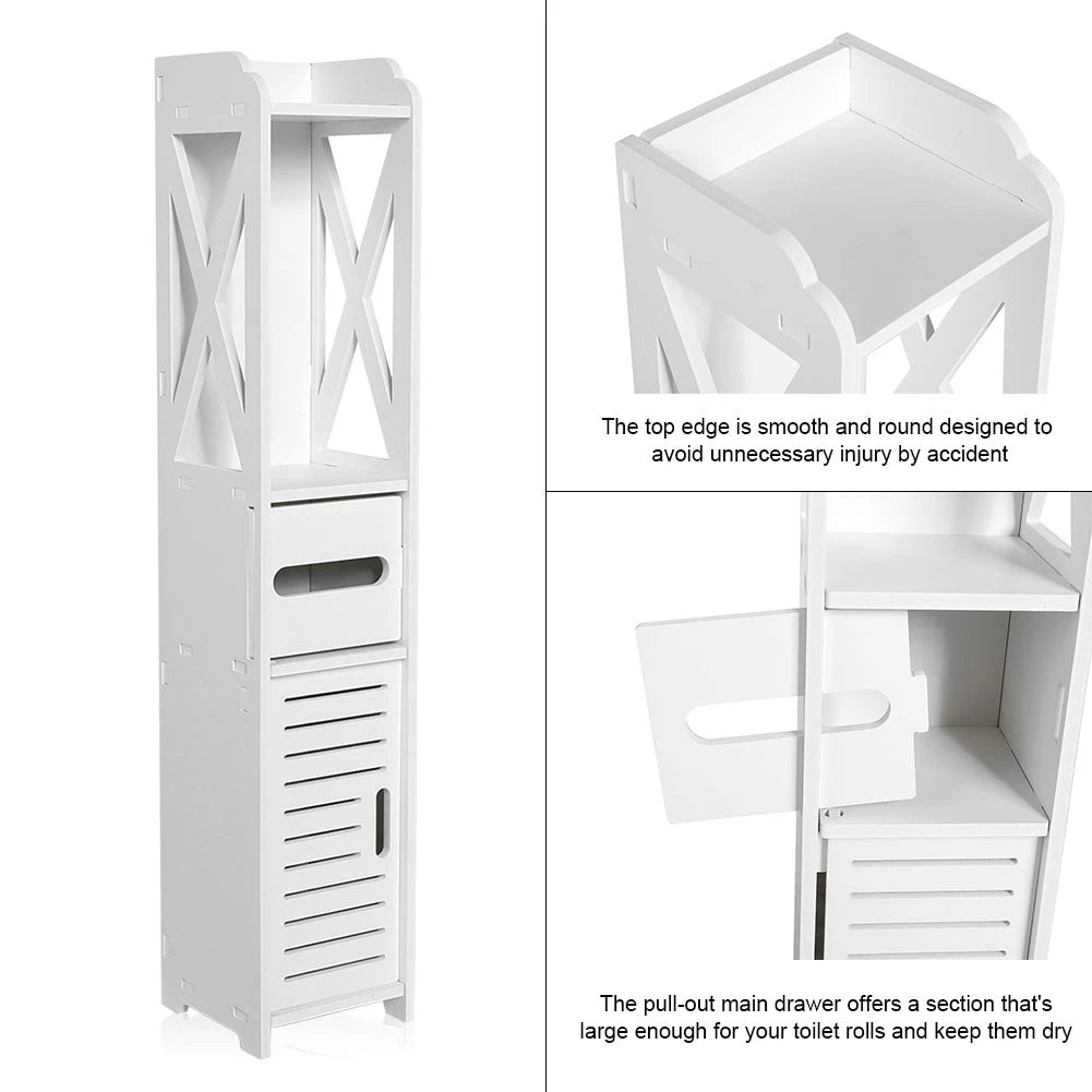 White Bathroom Storage Cabinet with Shelf and Tissue Rack - Chic & Cheery Shopping