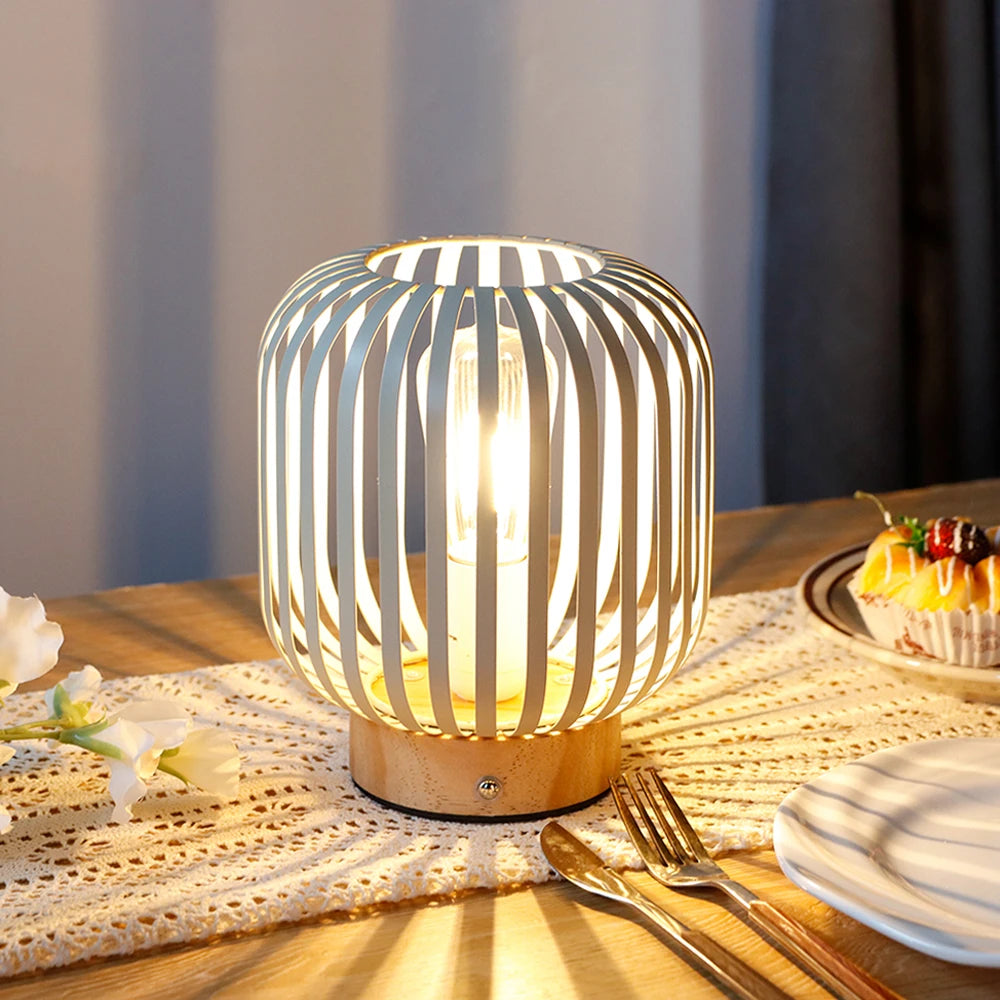 White Metal Cage LED Bedside Table Lamp for Indoor Outdoor - Chic & Cheery Shopping