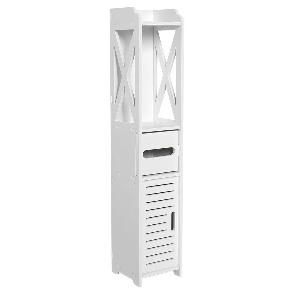 White Bathroom Storage Cabinet with Shelf and Tissue Rack - Chic & Cheery Shopping