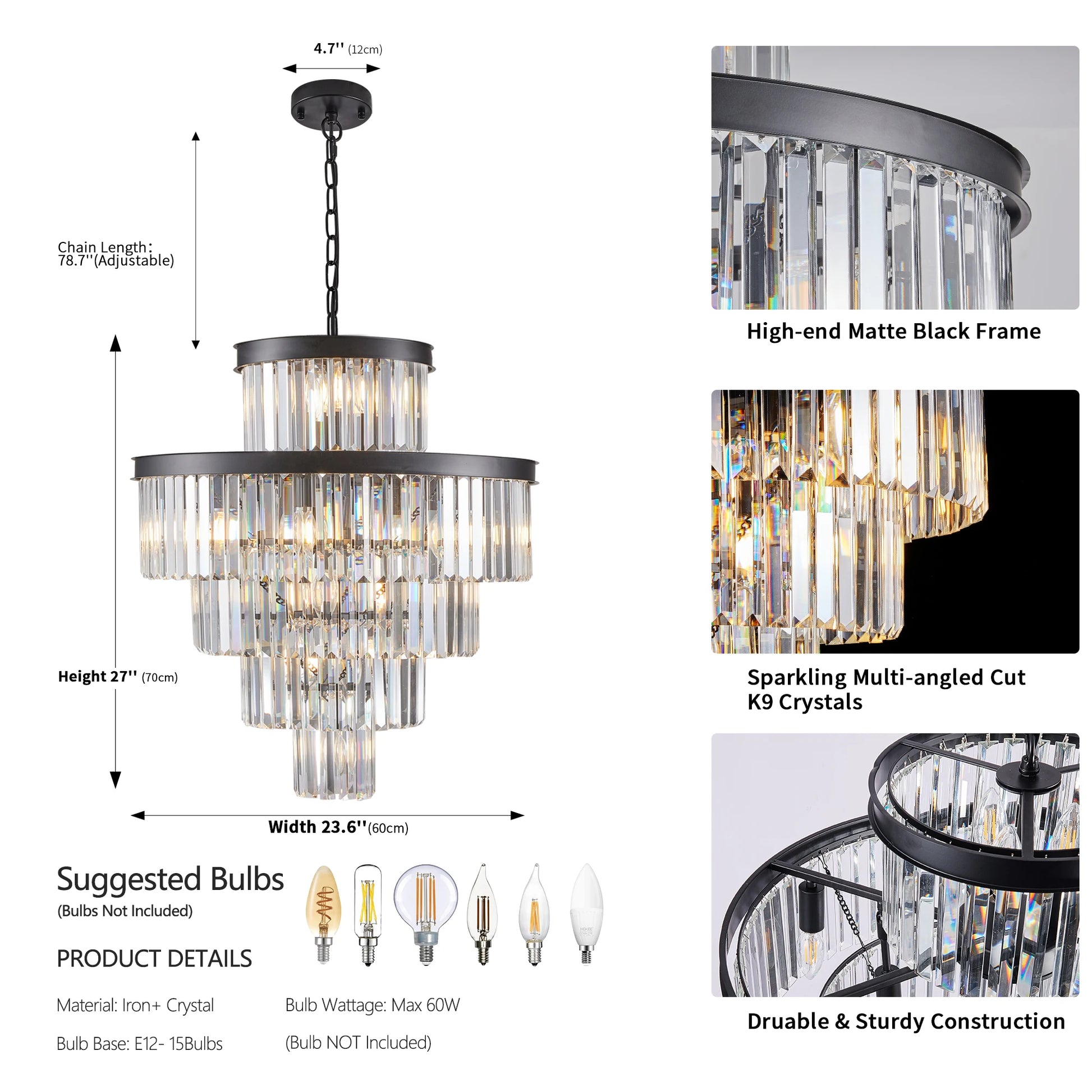 Modern Crystal Chandelier with Adjustable Height Black Gold Frame - Chic & Cheery Shopping