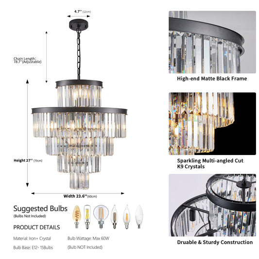 Modern Crystal Chandelier with Adjustable Height Black Gold Frame - Chic & Cheery Shopping