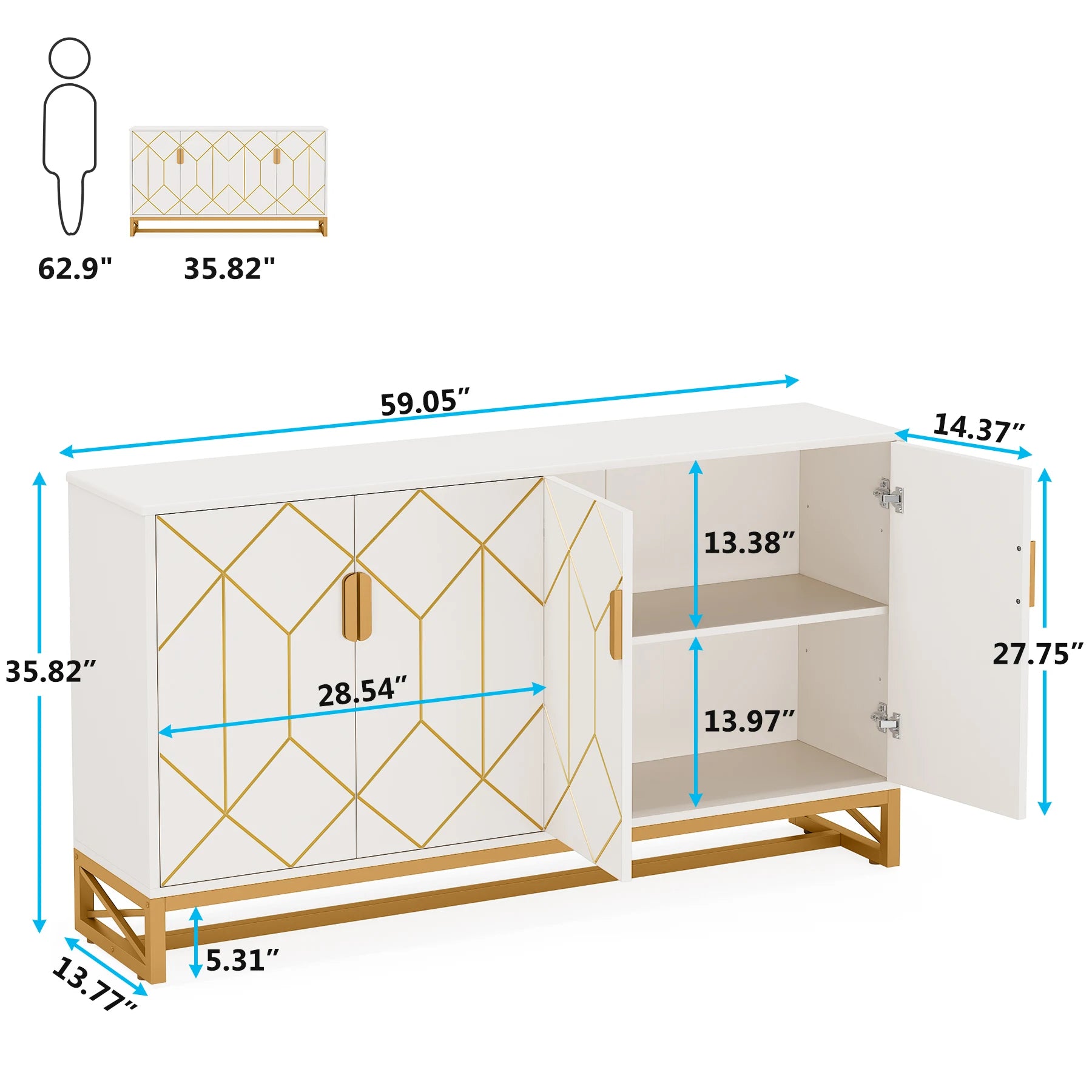 Tribesigns 59 Inch White Gold Buffet Cabinet with Storage - Chic & Cheery Shopping