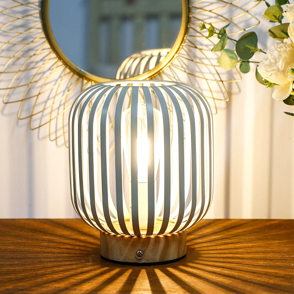 White Metal Cage LED Bedside Table Lamp for Indoor Outdoor - Chic & Cheery Shopping