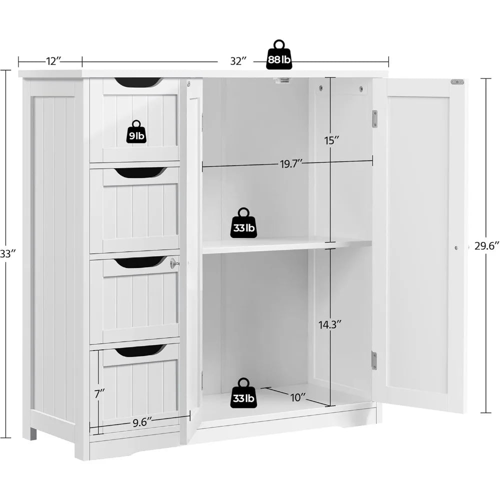 Wooden Bathroom Floor Cabinet with 4 Drawers and Double Doors - Chic & Cheery Shopping