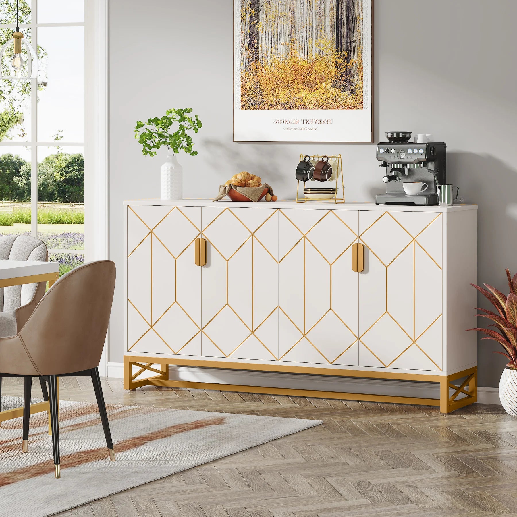 Tribesigns 59 Inch White Gold Buffet Cabinet with Storage - Chic & Cheery Shopping