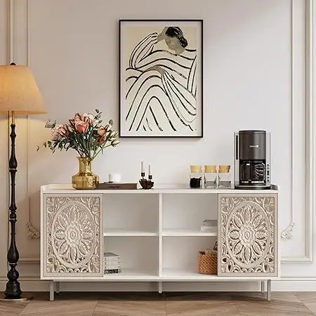 Four Door Carved Accent Cabinet With Adjustable Shelves - Chic & Cheery Shopping