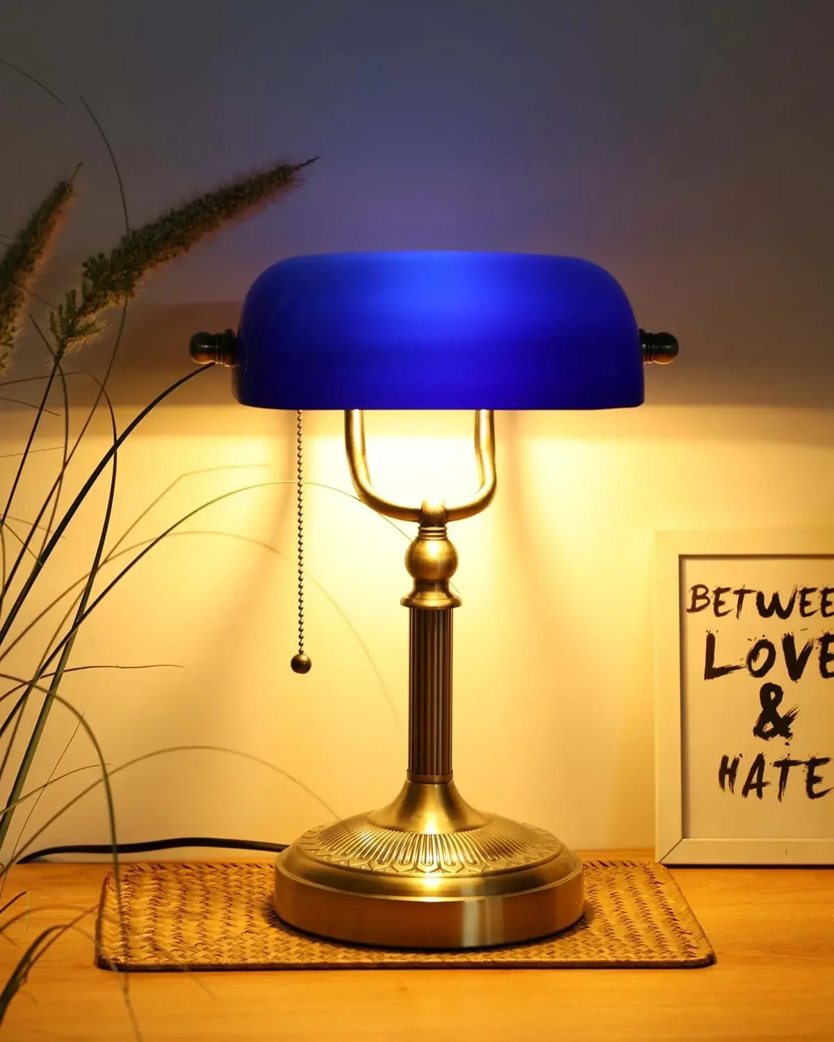 Newrays Blue Glass Bankers Desk Lamp with Pull Chain Switch - Chic & Cheery Shopping