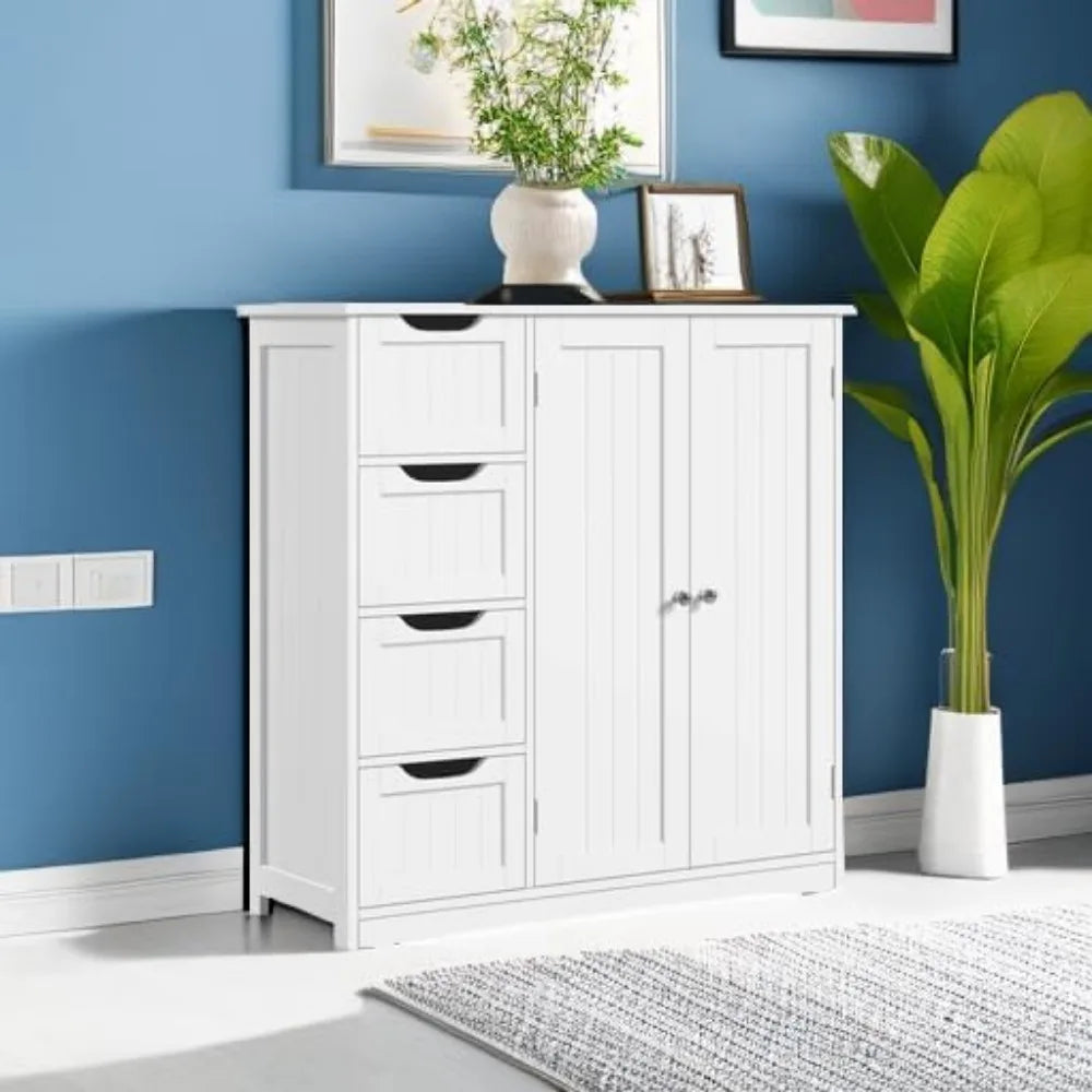Wooden Bathroom Floor Cabinet with 4 Drawers and Double Doors - Chic & Cheery Shopping