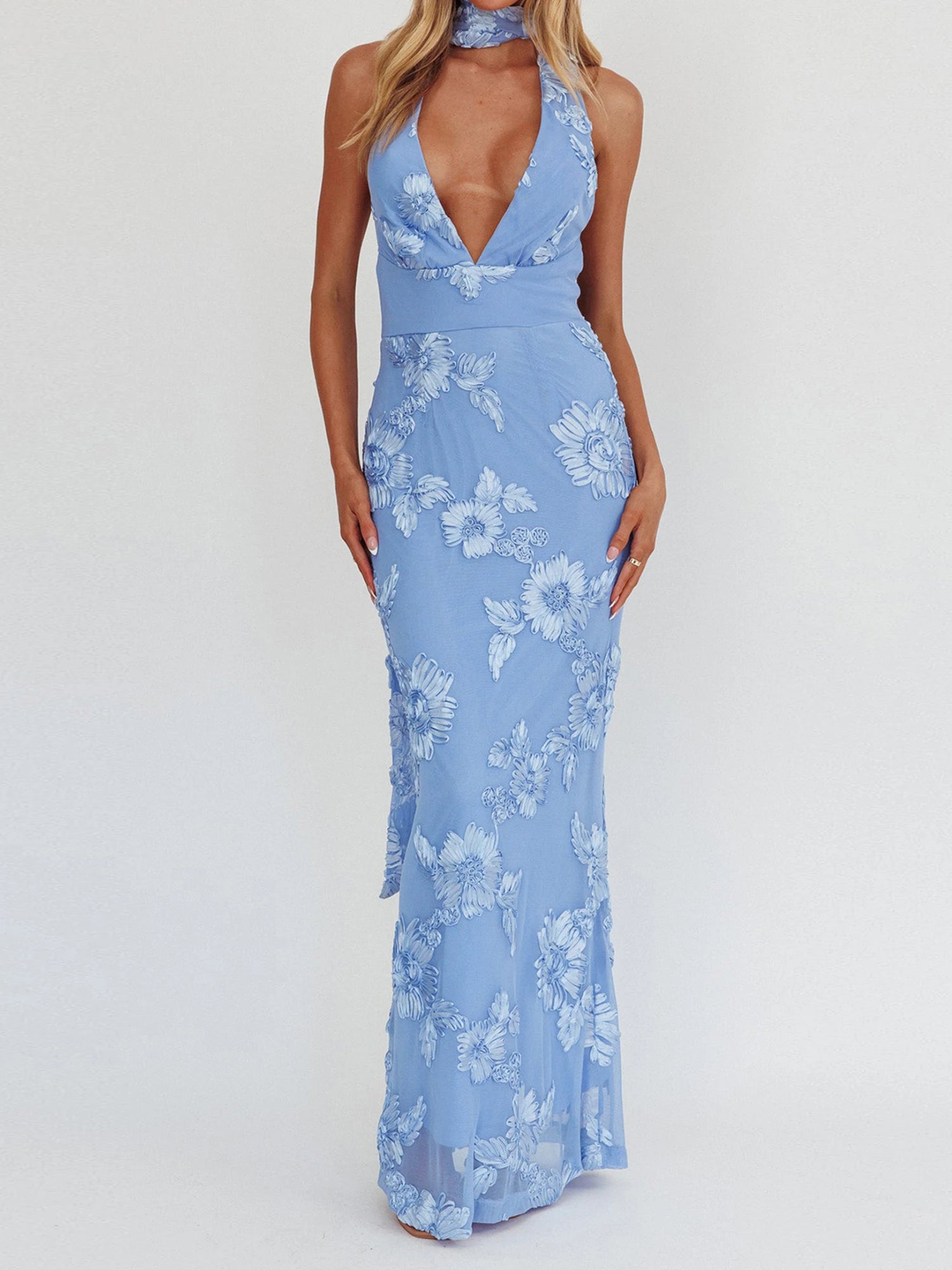 Elegant V Neck Maxi Dress with Lace for Formal Events - Chic & Cheery Shopping