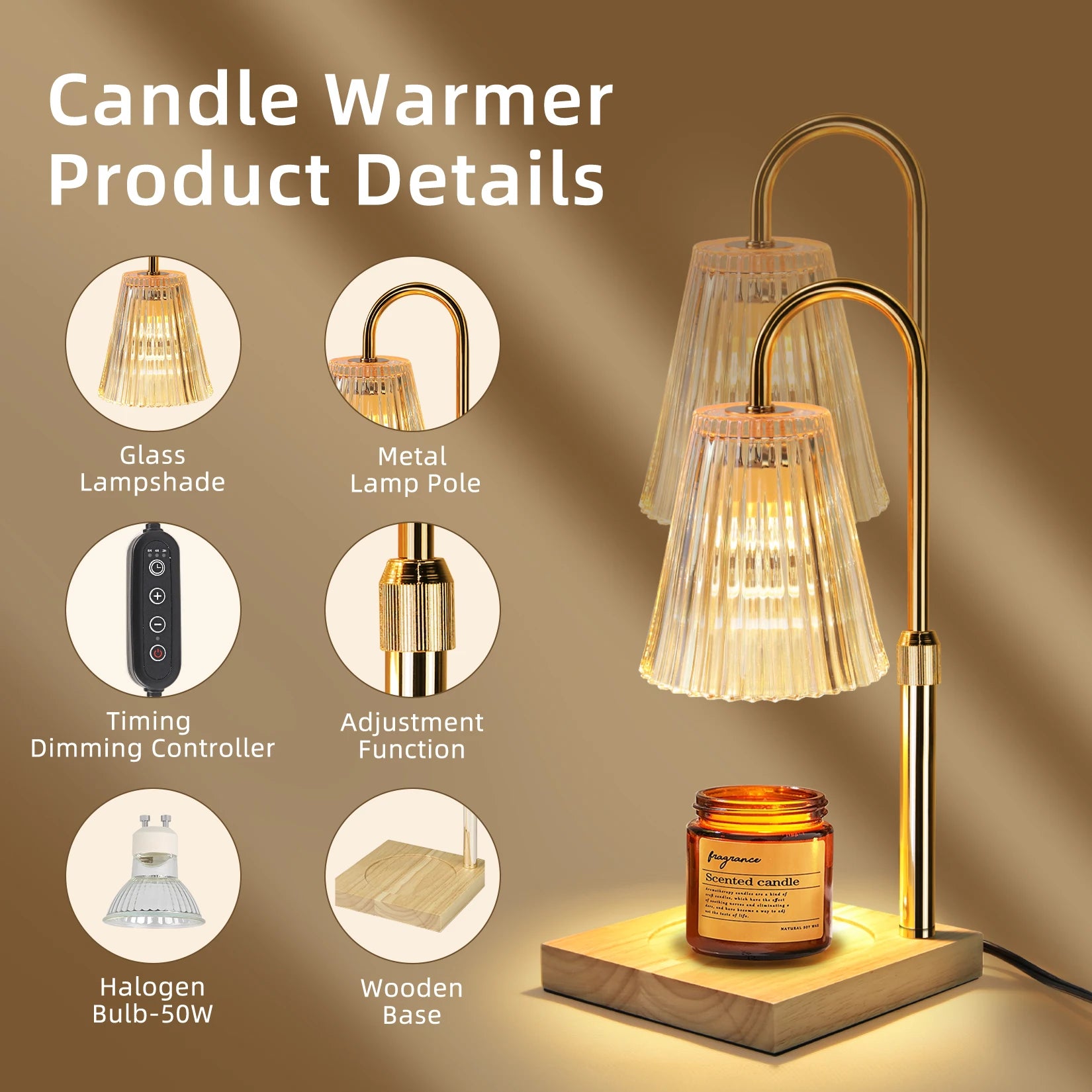 Adjustable Height Candle Heating Lamp with Timer and Dimmable Light - Chic & Cheery Shopping