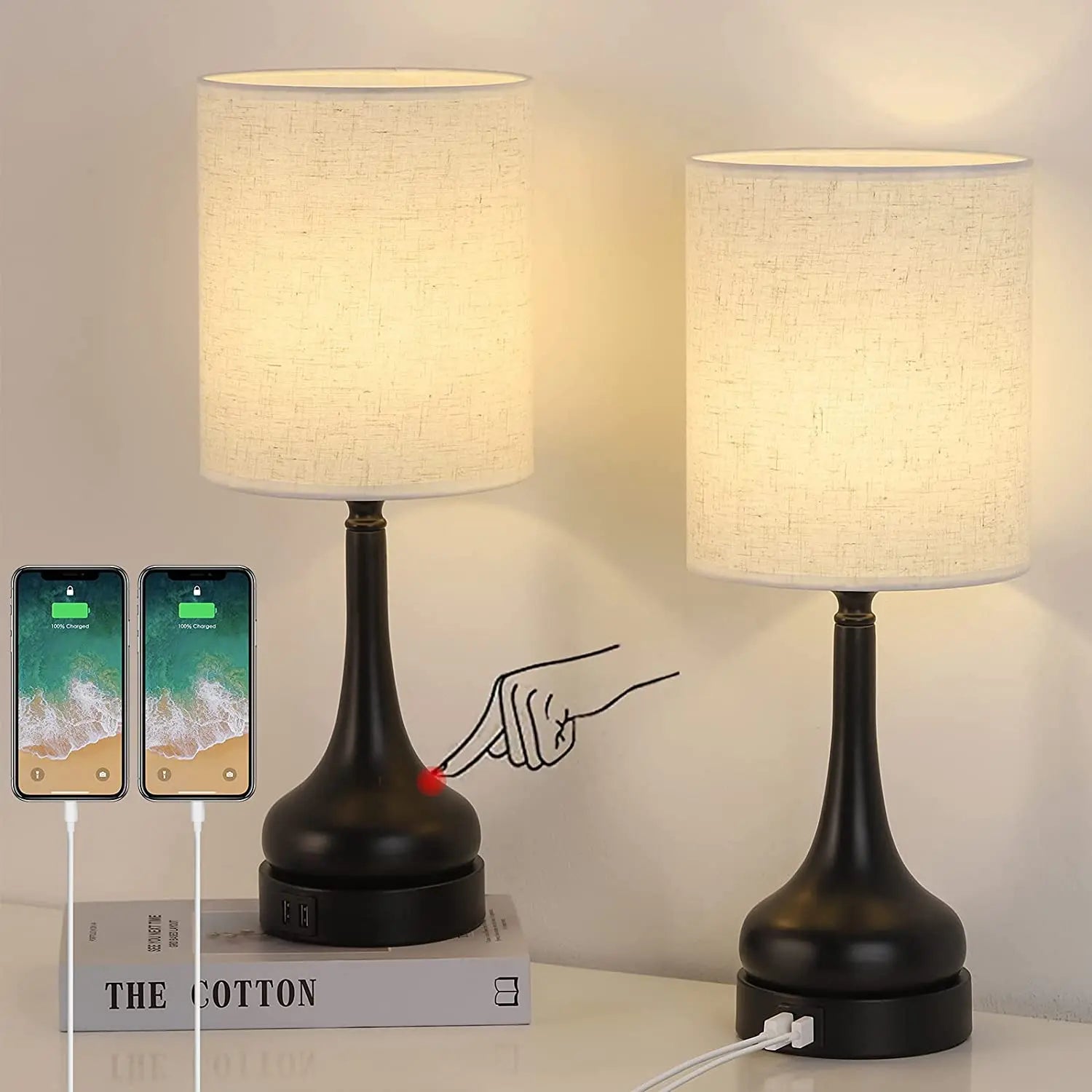 Touch Control Bedside Lamp Set with USB Charging Ports - Chic & Cheery Shopping