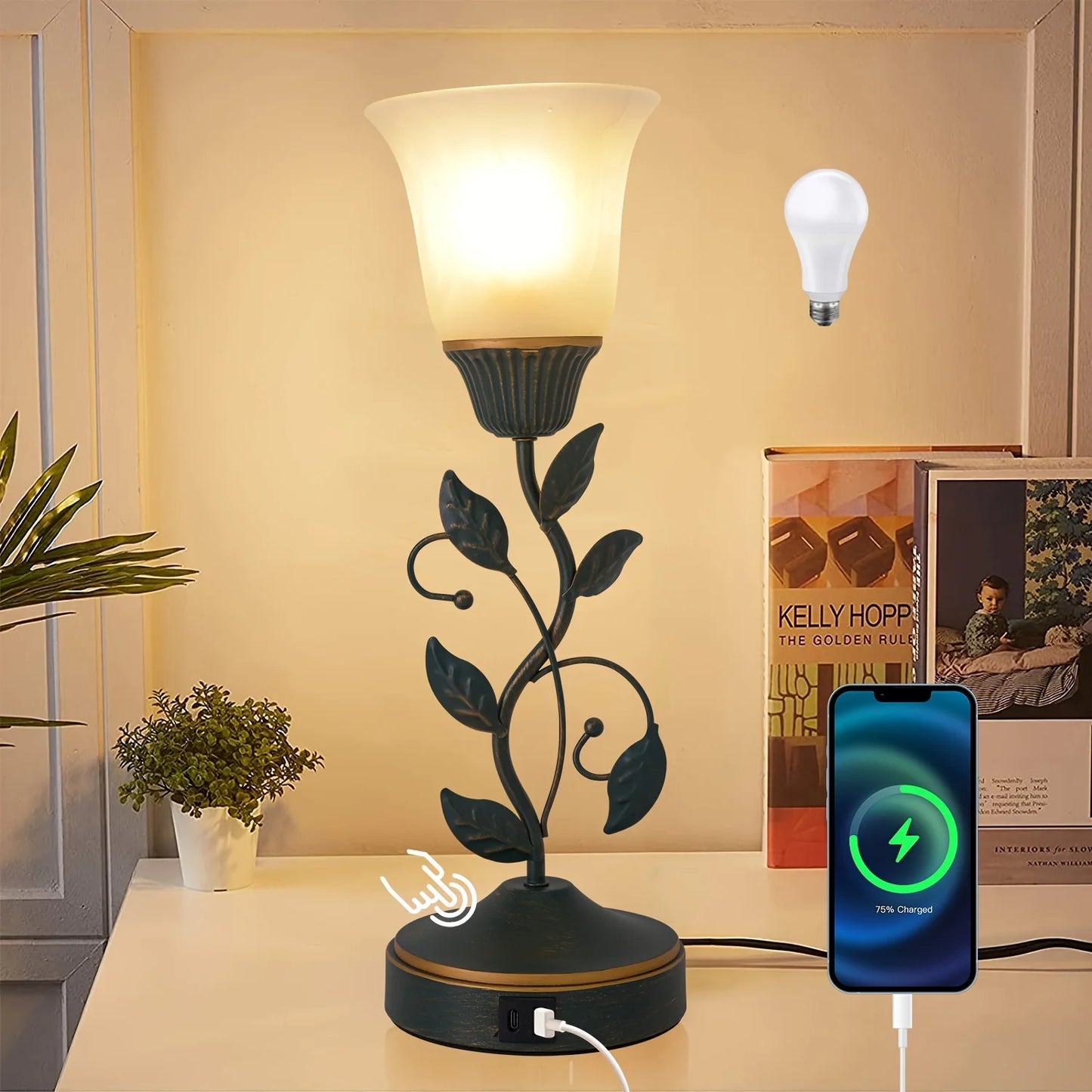 Amber Glass Flower Desk Lamp with Touch Switch and USB Ports - Chic & Cheery Shopping