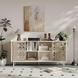 Four Door Carved Accent Cabinet With Adjustable Shelves - Chic & Cheery Shopping