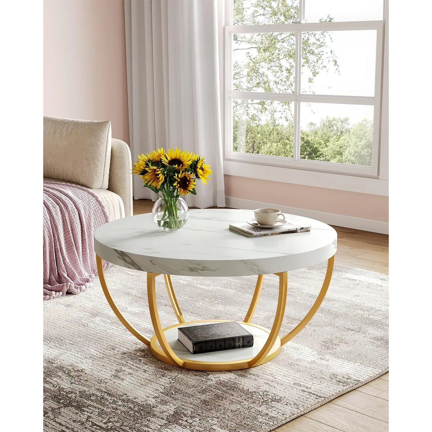 32 Inch Marble Coffee Table with Golden Metal Legs - Chic & Cheery Shopping
