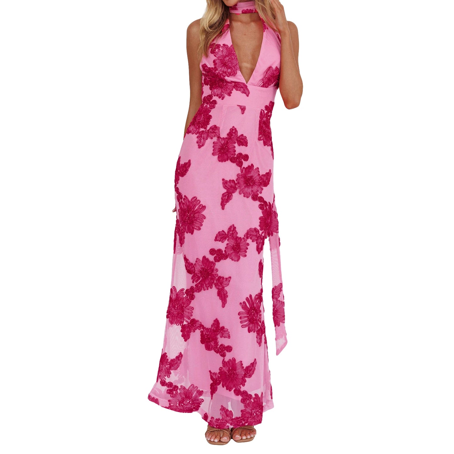 Elegant V Neck Maxi Dress with Lace for Formal Events - Chic & Cheery Shopping