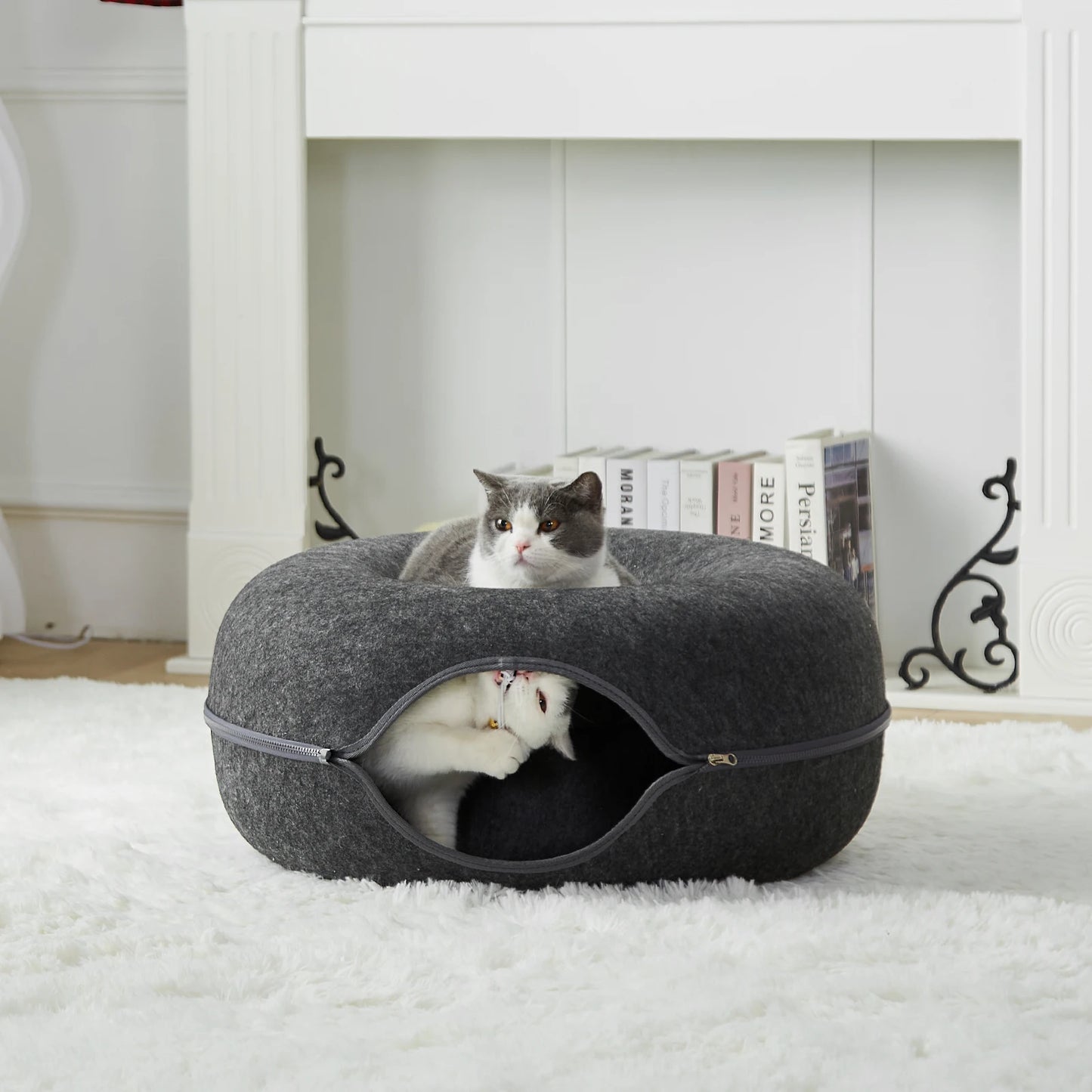 Large 24 Inch Donut Cat Bed with Detachable Wool Tunnel - Chic & Cheery Shopping