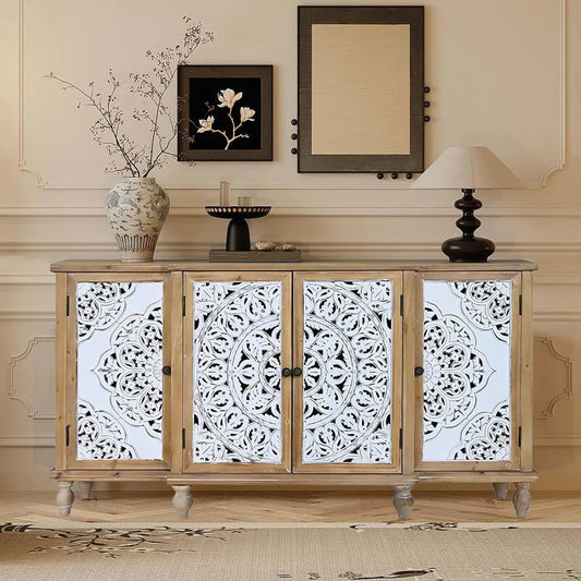 Distressed 4-Door Hollow-Carved Accent Cabinet for Storage - Chic & Cheery Shopping