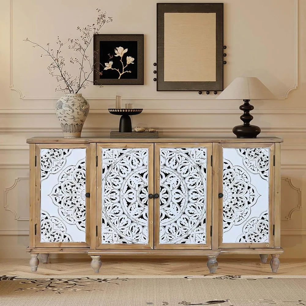 Four Door Carved Accent Cabinet With Adjustable Shelves - Chic & Cheery Shopping