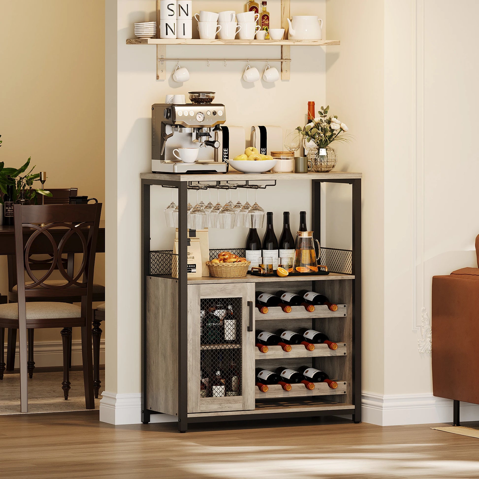 Industrial Wine Bar Cabinet with LED Lights and Storage - Chic & Cheery Shopping