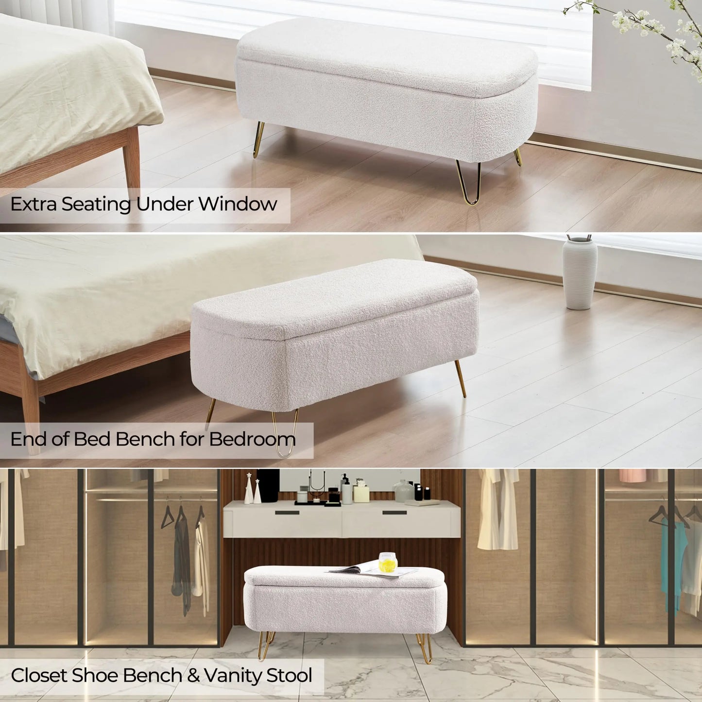 40 Inch Boucle Sherpa Ottoman Bench with Gold Legs - Chic & Cheery Shopping