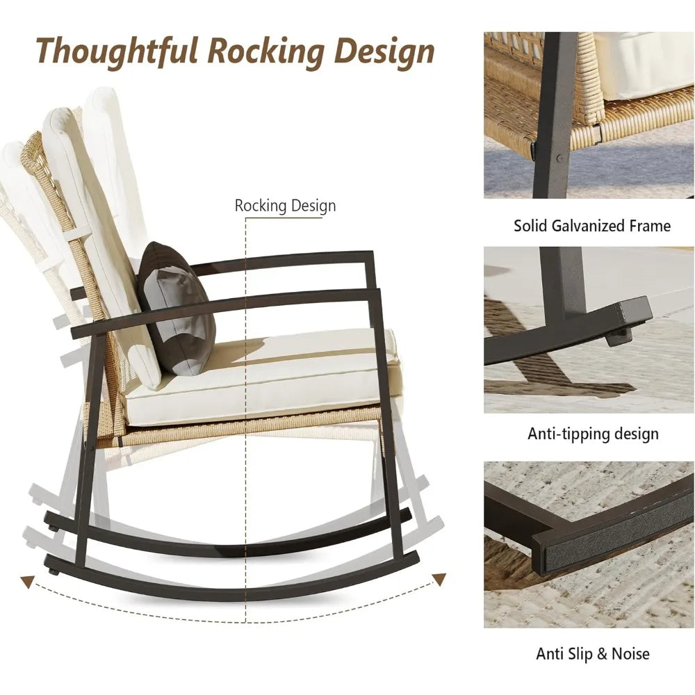 3 Piece Outdoor Rocking Chair Set with Glass Table and Pillow - Chic & Cheery Shopping
