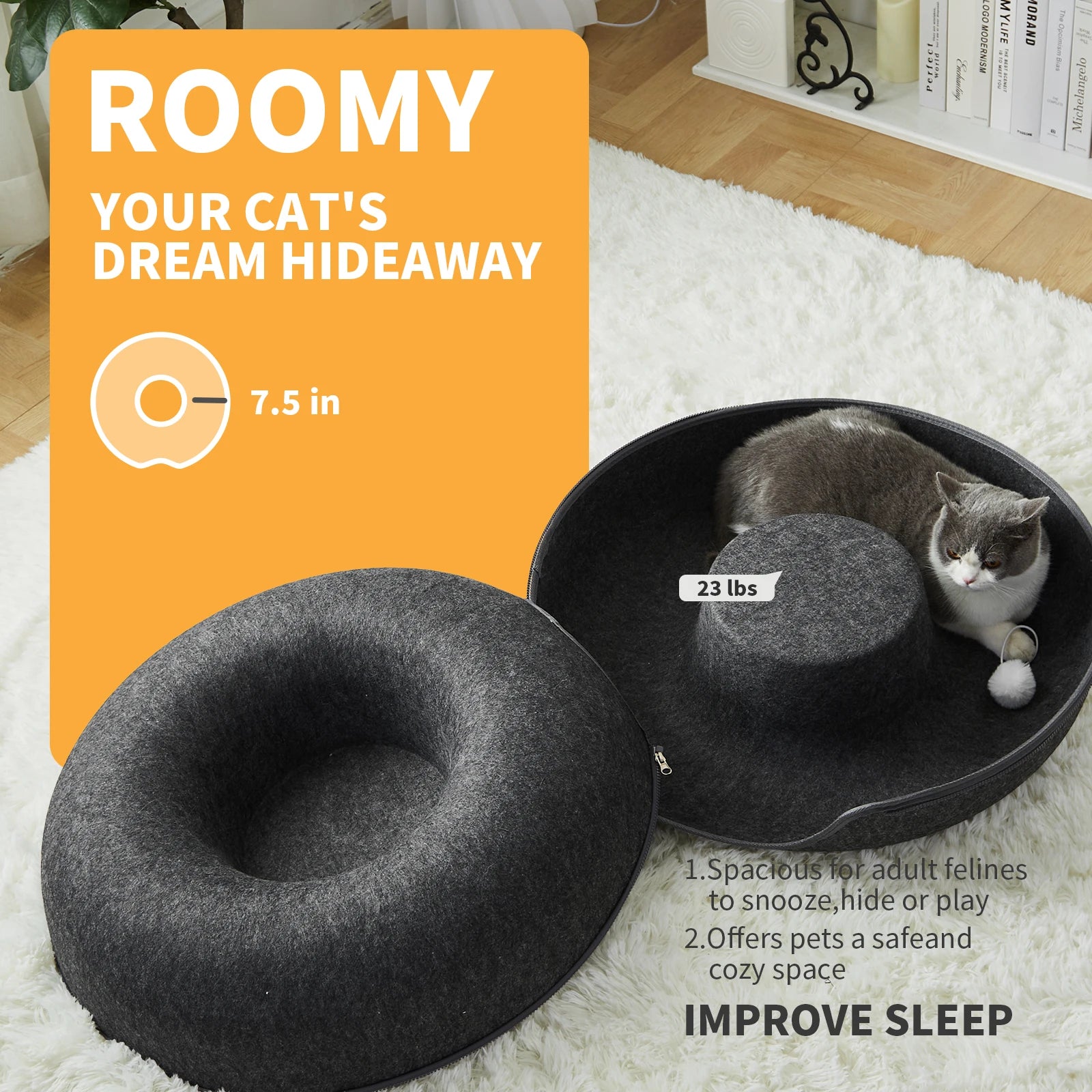 Large 24 Inch Donut Cat Bed with Detachable Wool Tunnel - Chic & Cheery Shopping