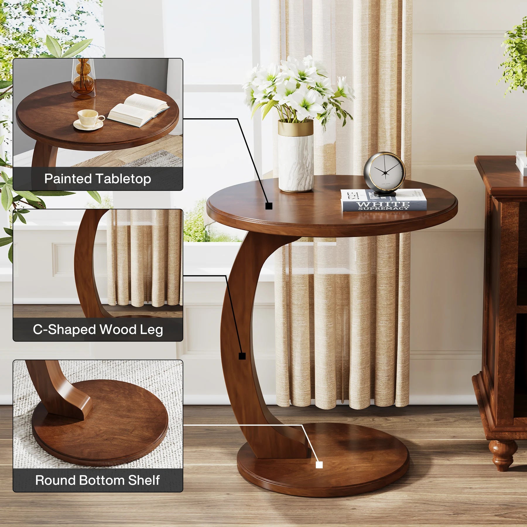 Tribesigns Round Wood C-Shaped Side Table for Living Room - Chic & Cheery Shopping