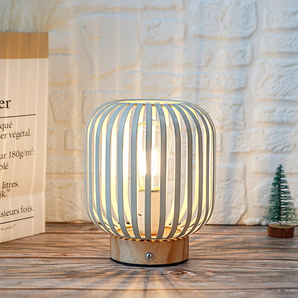 White Metal Cage LED Bedside Table Lamp for Indoor Outdoor - Chic & Cheery Shopping