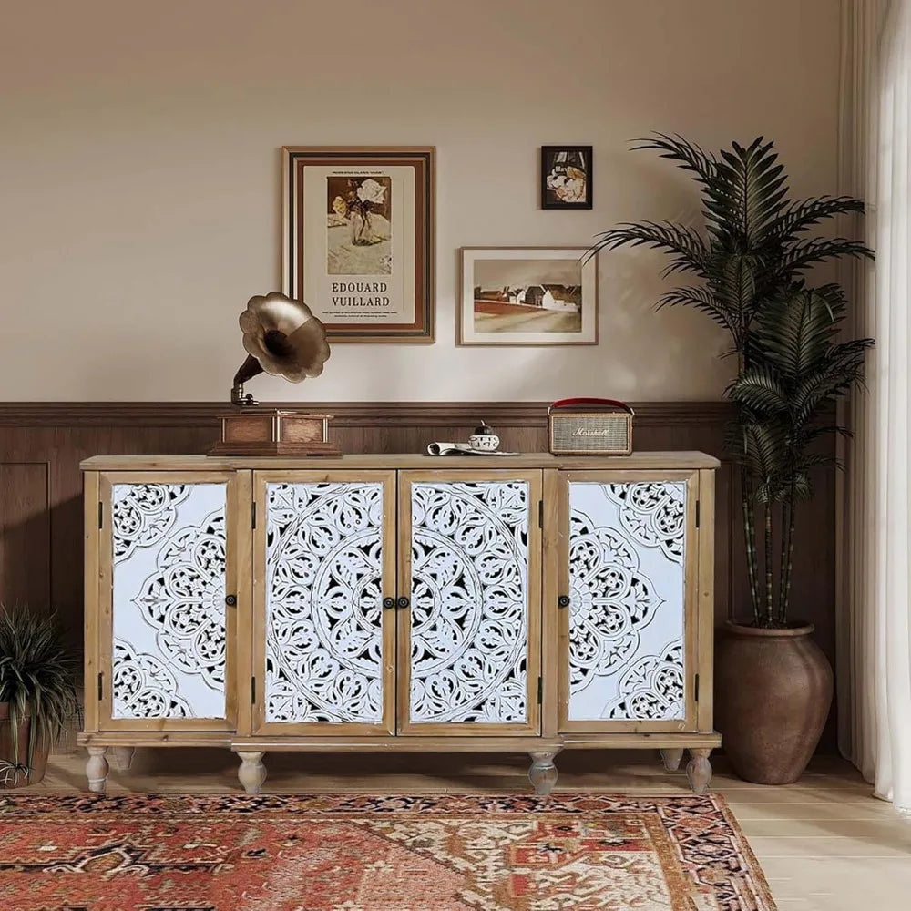 Distressed 4-Door Hollow-Carved Accent Cabinet for Storage - Chic & Cheery Shopping