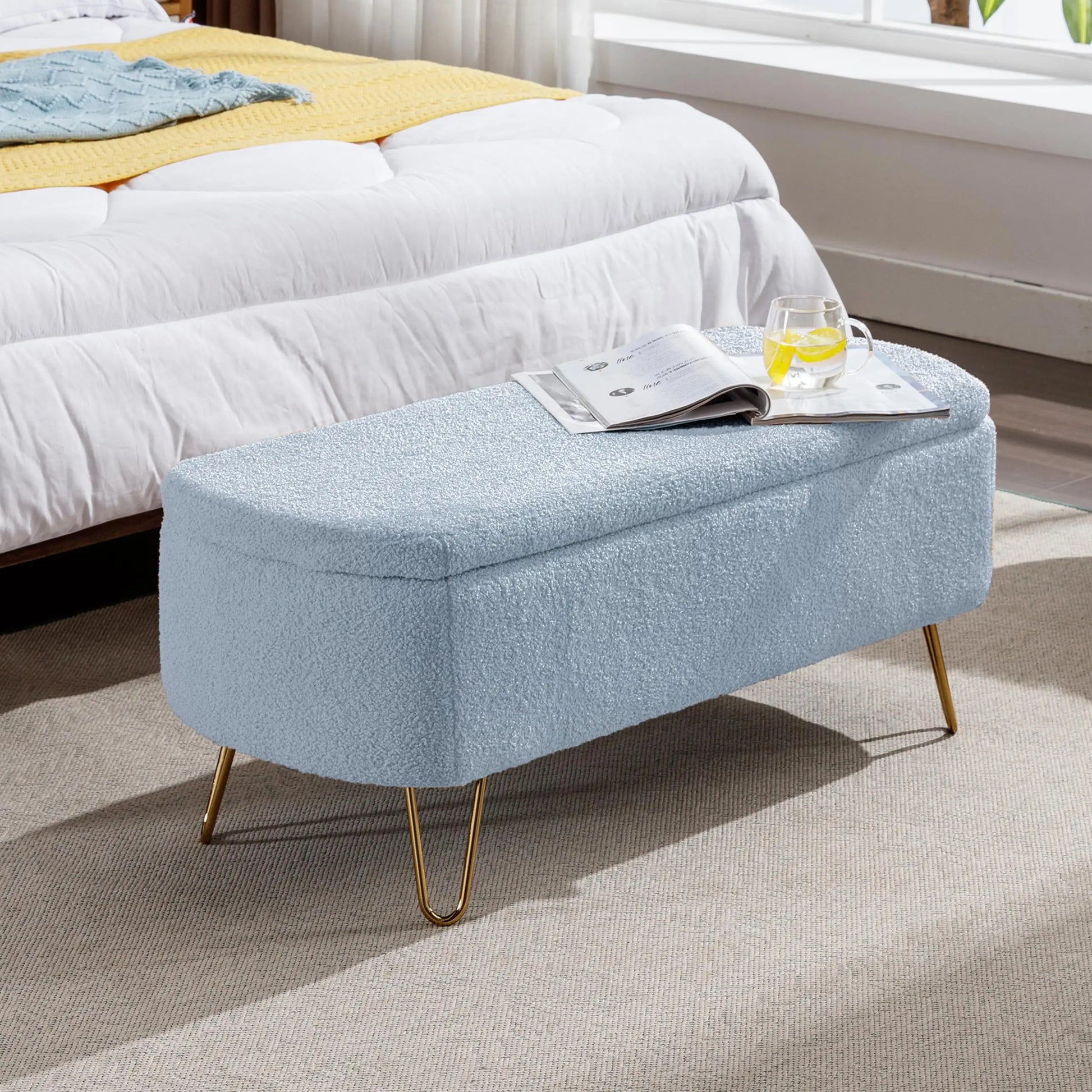 40 Inch Boucle Sherpa Ottoman Bench with Gold Legs - Chic & Cheery Shopping