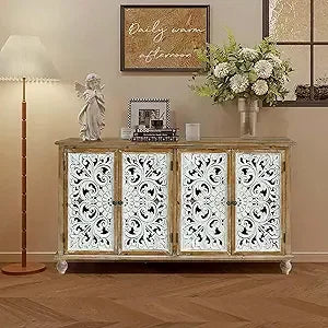 Distressed 4-Door Hollow-Carved Accent Cabinet for Storage - Chic & Cheery Shopping