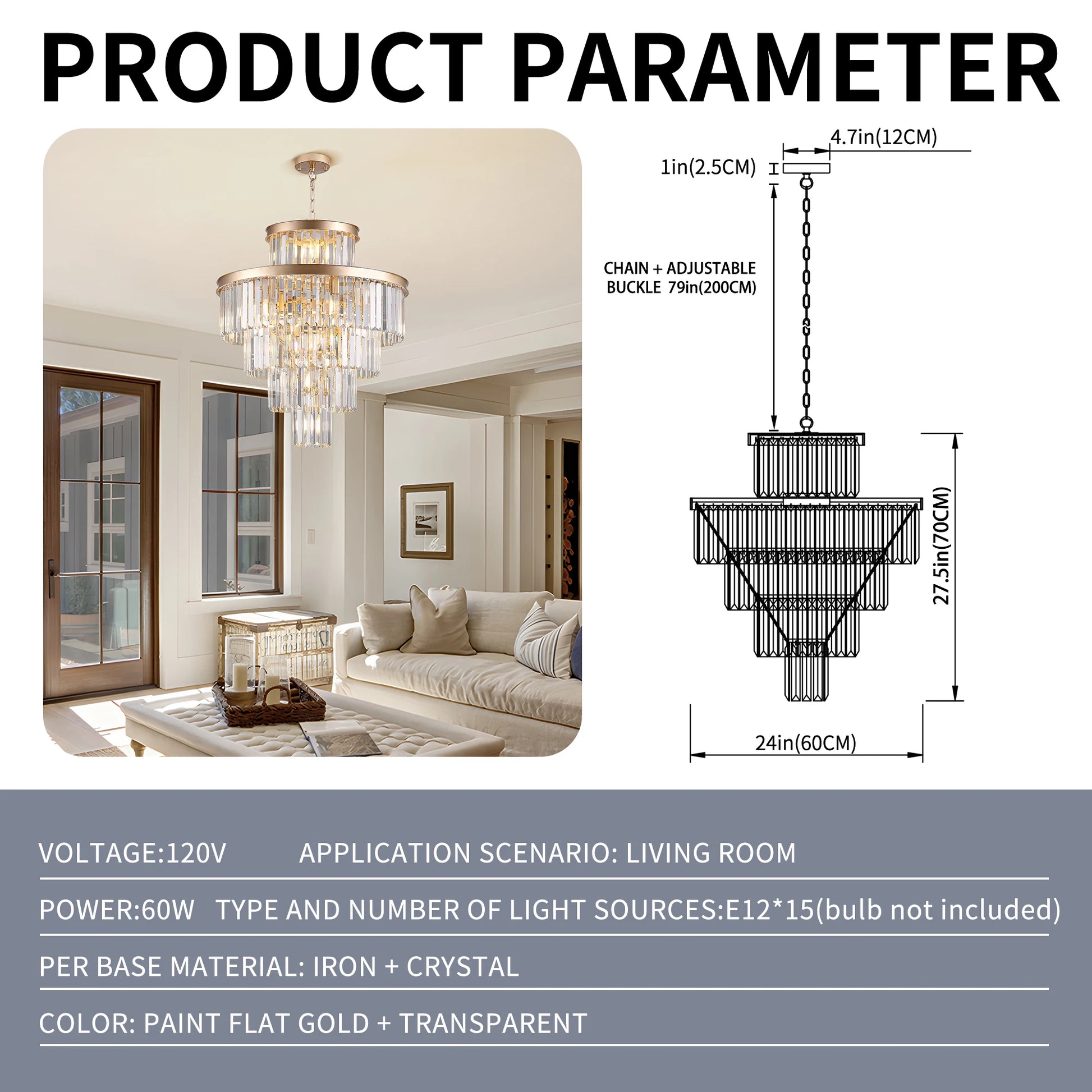 Modern Crystal Chandelier with Adjustable Height Black Gold Frame - Chic & Cheery Shopping