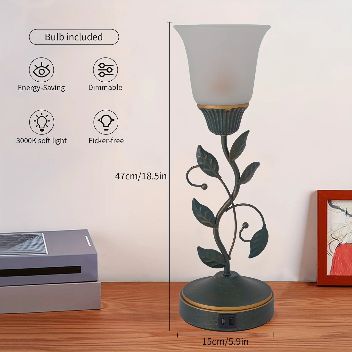 Amber Glass Flower Desk Lamp with Touch Switch and USB Ports - Chic & Cheery Shopping