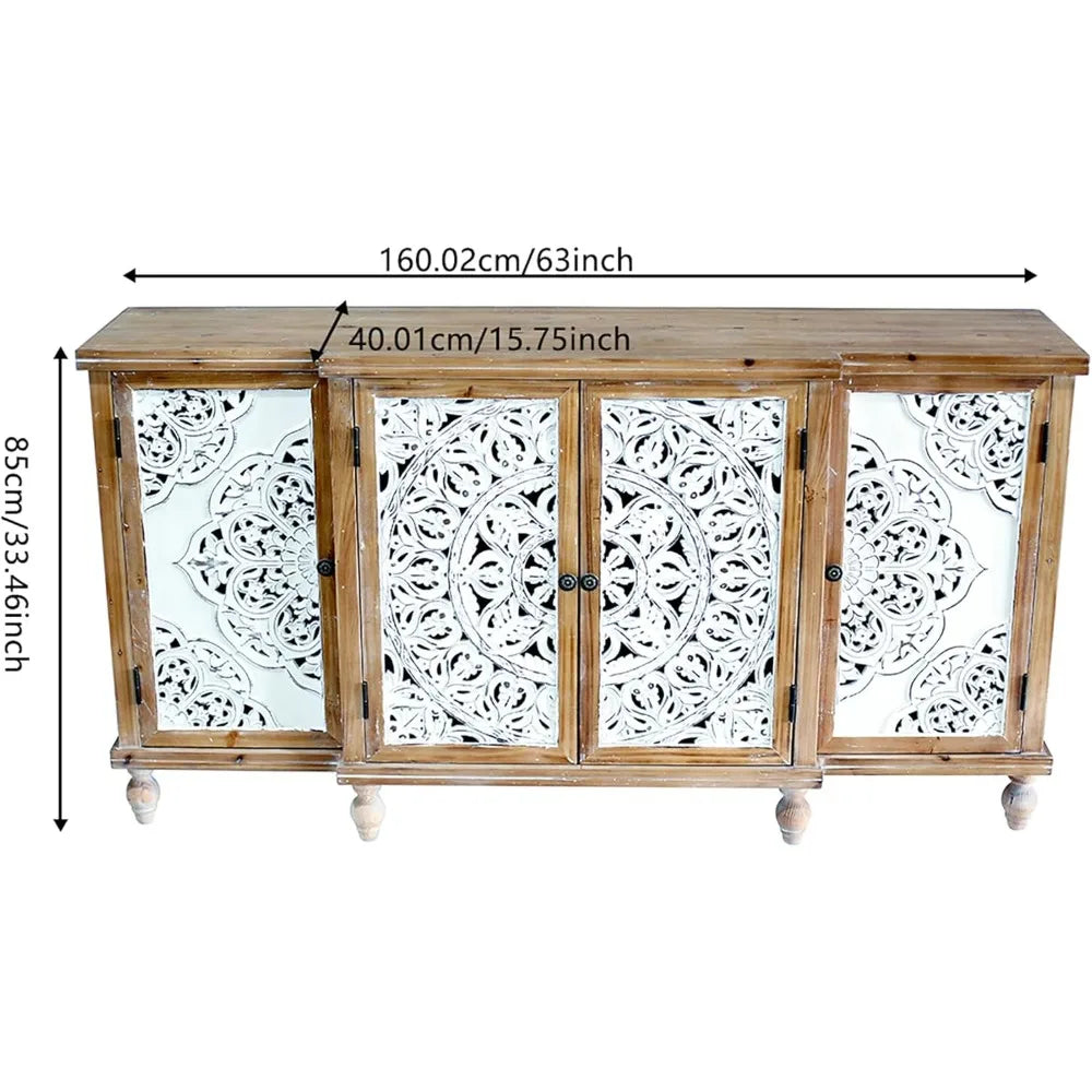 Distressed 4-Door Hollow-Carved Accent Cabinet for Storage - Chic & Cheery Shopping